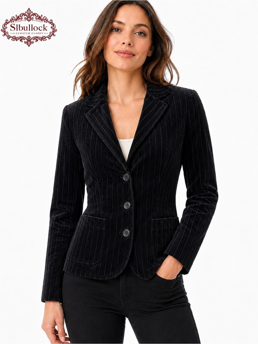 J16 J.Crew Black Velour Pinstripe Blazer Jacket Size 2